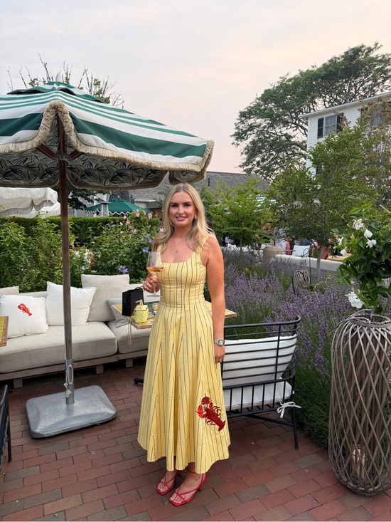 STAUD Dresses & Skirts - STAUD Yellow Striped Midi Dress with Red Lobster Detail